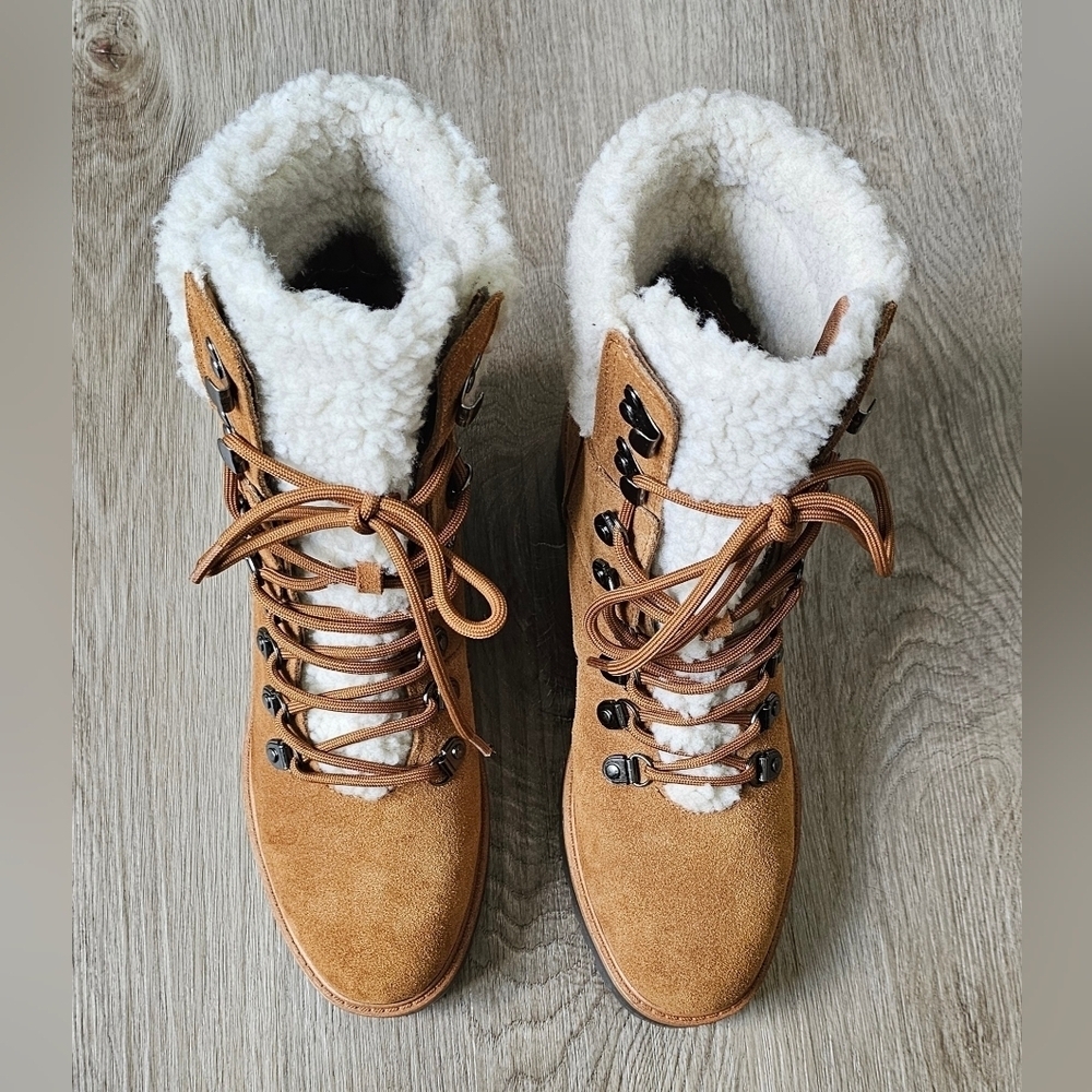 Marc Fisher Tan Suede Sherpa-Lined Lace-Up Winter Boots – Size 8M - Picture 4 of 12
